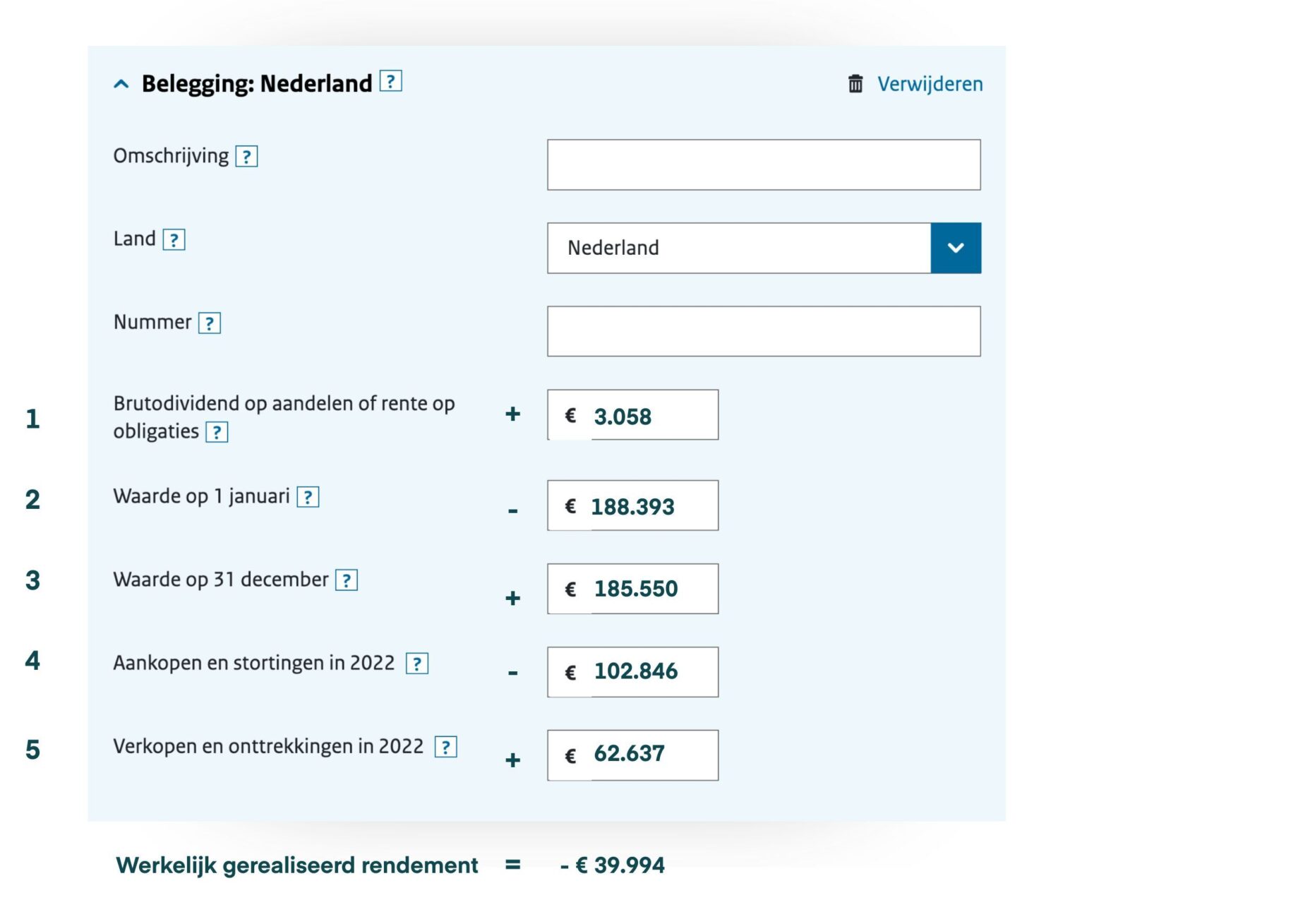 Genummerd en ingevuld OWR invulformulier van de Belastingdienst